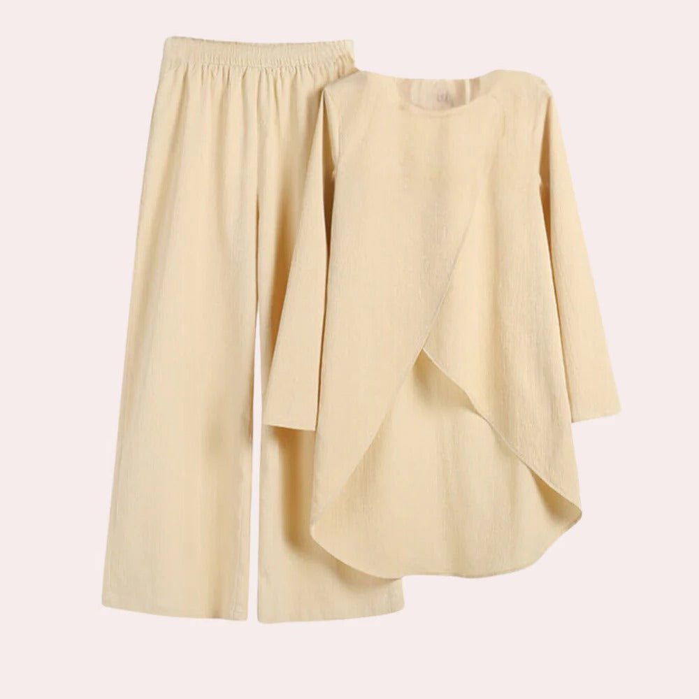 Zweiteiliges Damen-Set aus Langarm-Tunika und weiter Hose für Büro und Wochenende – Leinenoptik, asymmetrischer Saum, Gummibund, XS bis XL, 3 Farben
