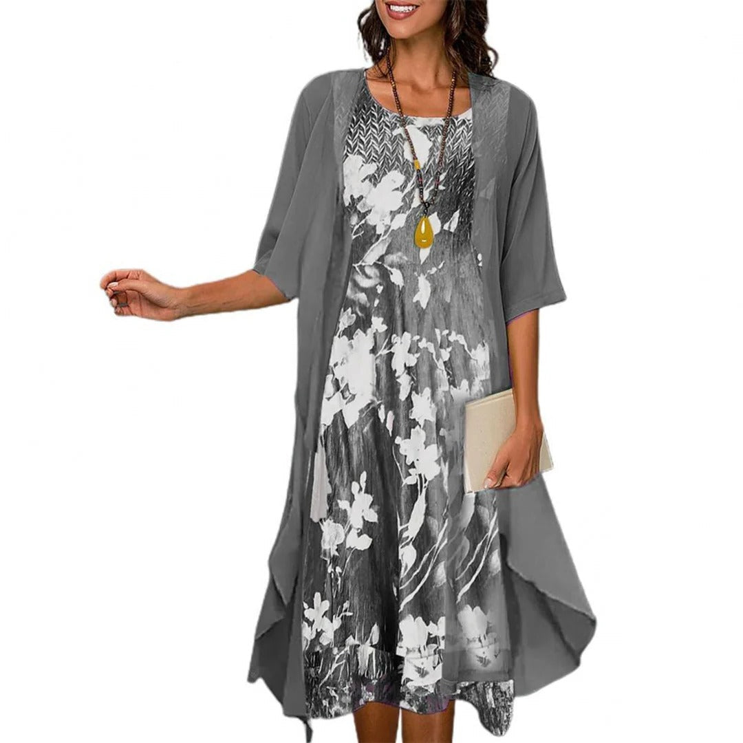 Sommerkleid für Damen mit Blumendruck und offenem Überwurf für Strand, Stadt und Ausgehen – Midilänge, halbe Ärmel, S bis 3XL, Blau, Grün oder Grau