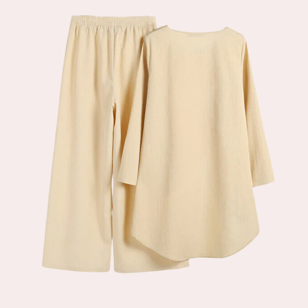 Zweiteiliges Damen-Set aus Langarm-Tunika und weiter Hose für Büro und Wochenende – Leinenoptik, asymmetrischer Saum, Gummibund, XS bis XL, 3 Farben