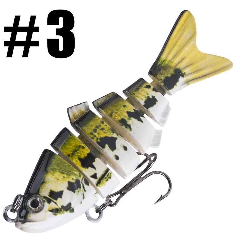Gegliederter Wobbler mit 6 Segmenten zum Angeln auf Barsch, Hecht und Forelle – ca. 10 cm, 19 g, Tauchtiefe 1,5–3 m, Drillinge, Rassel