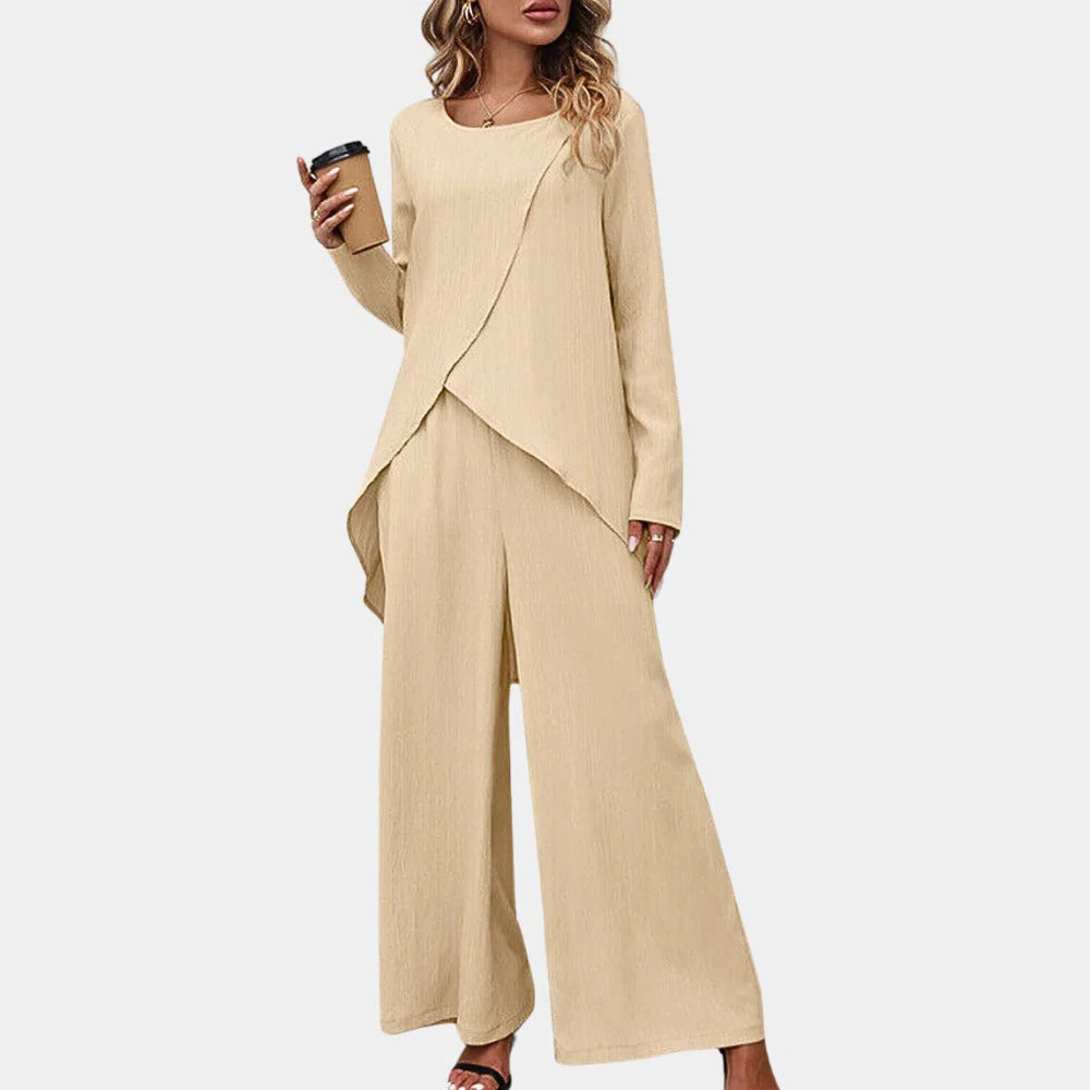 Zweiteiliges Damen-Set aus Langarm-Tunika und weiter Hose für Büro und Wochenende – Leinenoptik, asymmetrischer Saum, Gummibund, XS bis XL, 3 Farben
