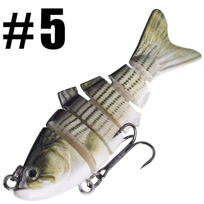 Gegliederter Wobbler mit 6 Segmenten zum Angeln auf Barsch, Hecht und Forelle – ca. 10 cm, 19 g, Tauchtiefe 1,5–3 m, Drillinge, Rassel