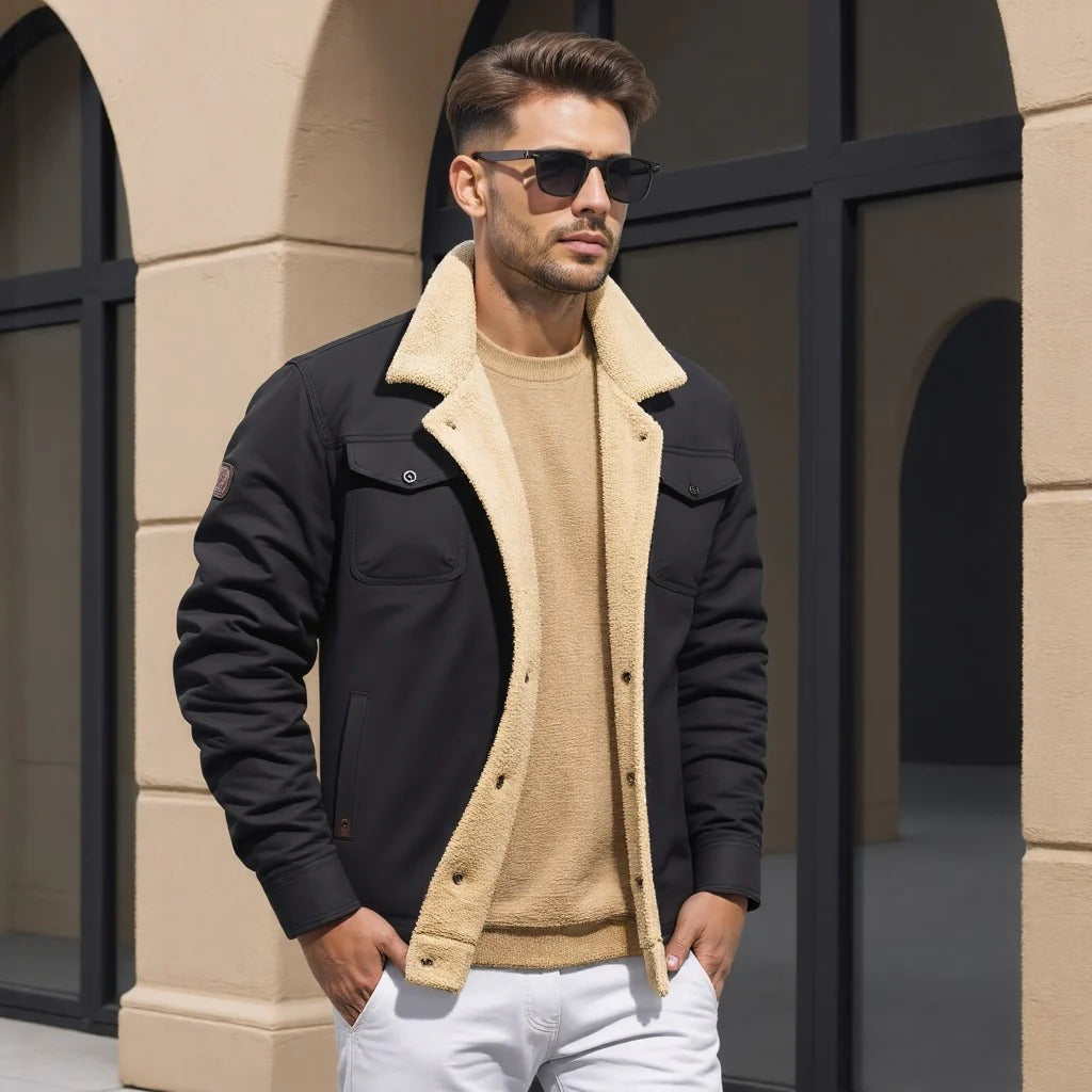 Herrenjacke mit Teddyfutter und Teddykragen im Vintage-Stil für Winter, Stadt und Abend – Knopfleiste, Brusttaschen mit Patte, S bis 3XL, 5 Farben