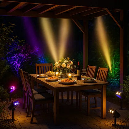 Solar-LED-Strahler mit Zoomlinse für Garten, Rasen und Terrasse – IP65, RGB und Warmweiß 3000 K, bis 12 h Leuchtdauer, Schwarz