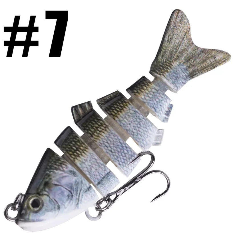 Gegliederter Wobbler mit 6 Segmenten zum Angeln auf Barsch, Hecht und Forelle – ca. 10 cm, 19 g, Tauchtiefe 1,5–3 m, Drillinge, Rassel