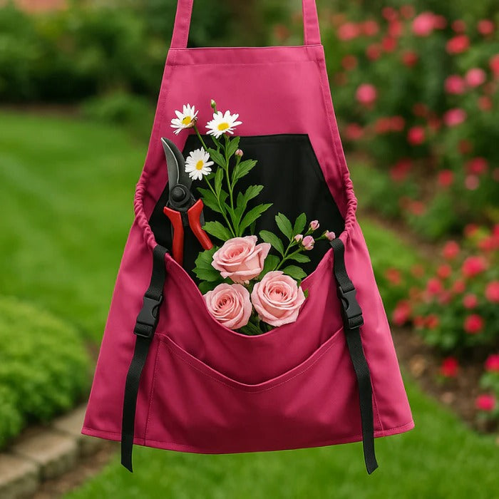 Ernteschürze mit Schnellentleer-Tasche für Garten, Beet und Obsternte – große Fronttasche, Öffnung unten, in Blau, Grau, Grün und Pink