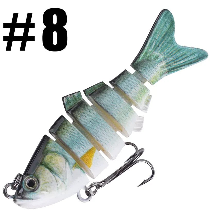 Gegliederter Wobbler mit 6 Segmenten zum Angeln auf Barsch, Hecht und Forelle – ca. 10 cm, 19 g, Tauchtiefe 1,5–3 m, Drillinge, Rassel