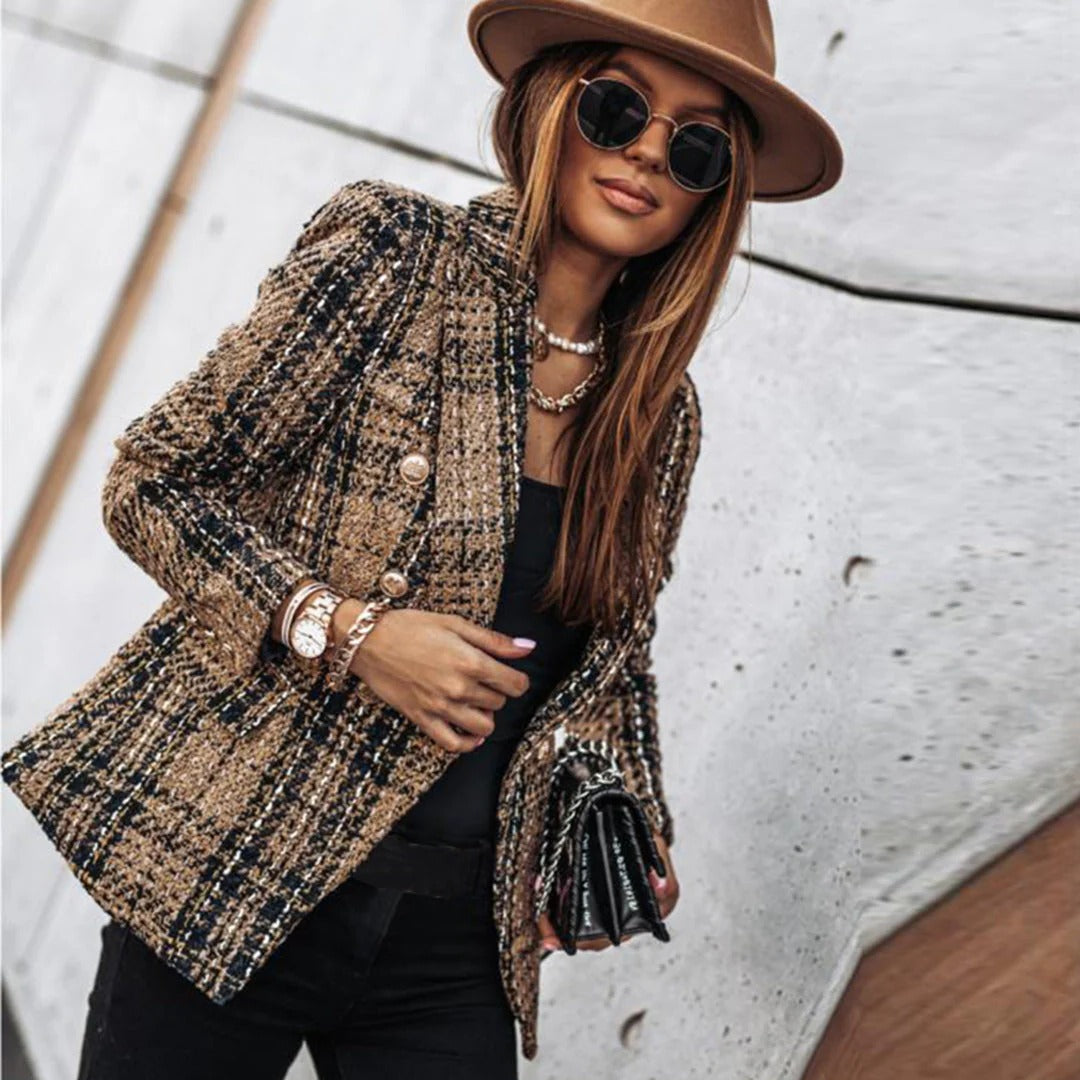 Zweireihiger Damen-Blazer in Tweed-Optik mit Karomuster für Büro und Freizeit – goldfarbene Knöpfe, S bis 3XL, Ingwer, Grün, Khaki oder Weinrot