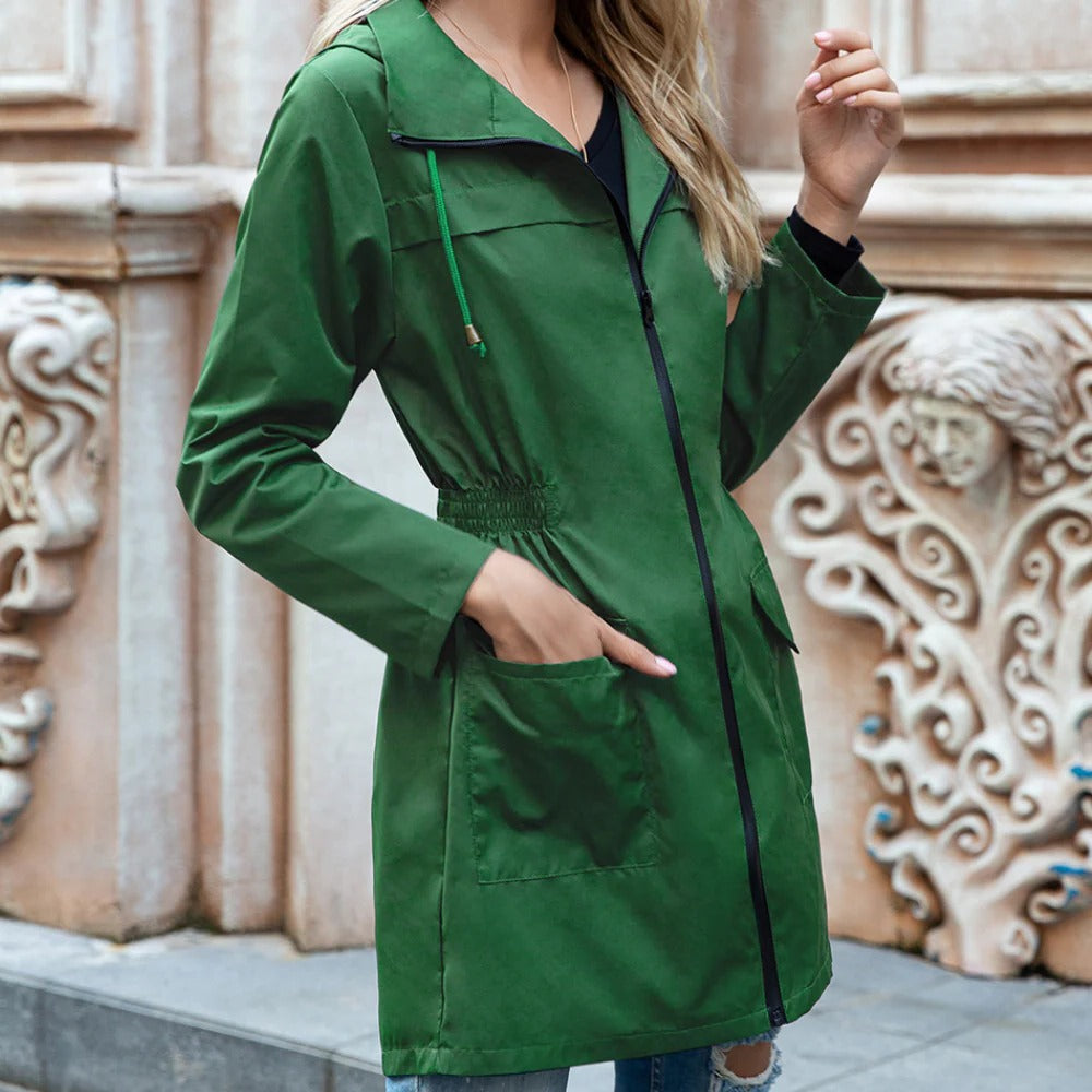 Leichte Damen-Übergangsjacke mit Kapuze und Reißverschluss für Büro, Spaziergang und Übergangszeit – Tunnelzug in der Taille, XS bis XL, 6 Farben