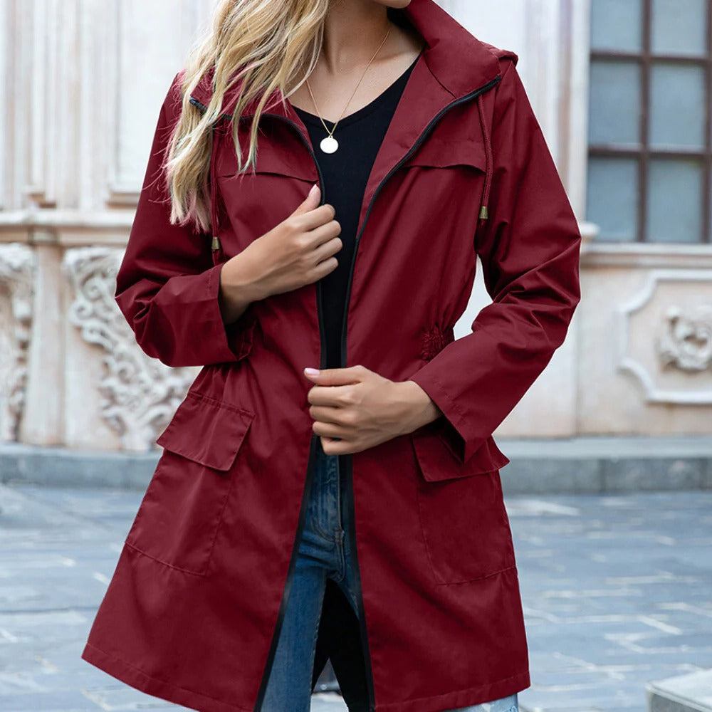 Leichte Damen-Übergangsjacke mit Kapuze und Reißverschluss für Büro, Spaziergang und Übergangszeit – Tunnelzug in der Taille, XS bis XL, 6 Farben