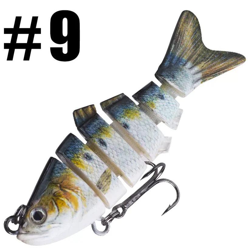 Gegliederter Wobbler mit 6 Segmenten zum Angeln auf Barsch, Hecht und Forelle – ca. 10 cm, 19 g, Tauchtiefe 1,5–3 m, Drillinge, Rassel