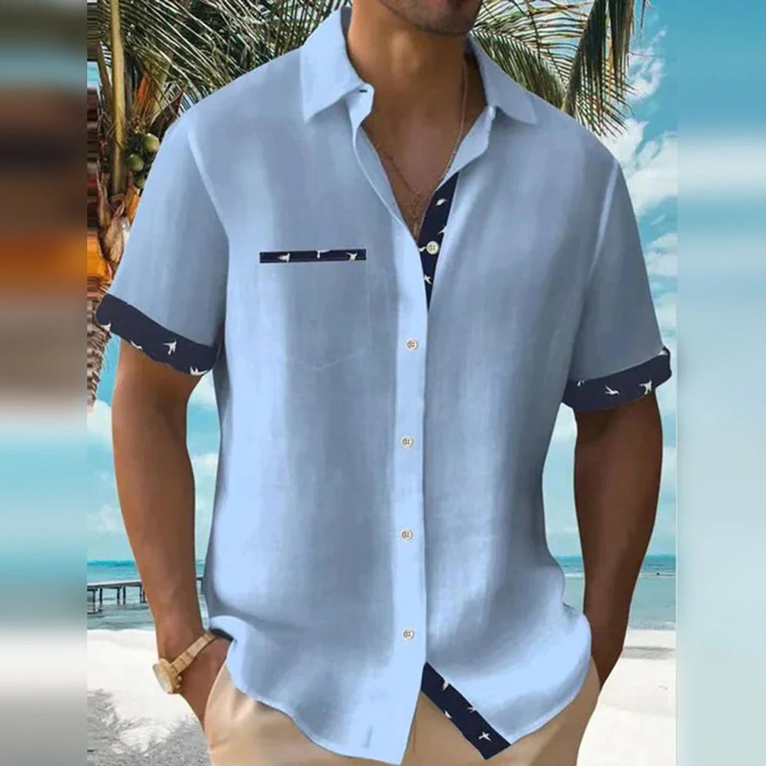 Kurzarm-Herrenhemd in Leinenoptik mit Kontrastbesatz für Sommer, Urlaub und Freizeit – Polyester, Slim Fit, Brusttasche, M bis 3XL, 5 Farben