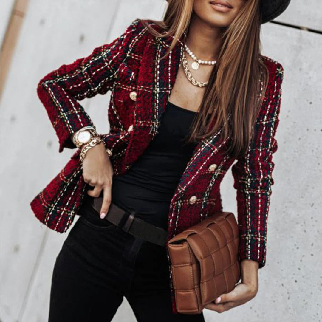 Zweireihiger Damen-Blazer in Tweed-Optik mit Karomuster für Büro und Freizeit – goldfarbene Knöpfe, S bis 3XL, Ingwer, Grün, Khaki oder Weinrot