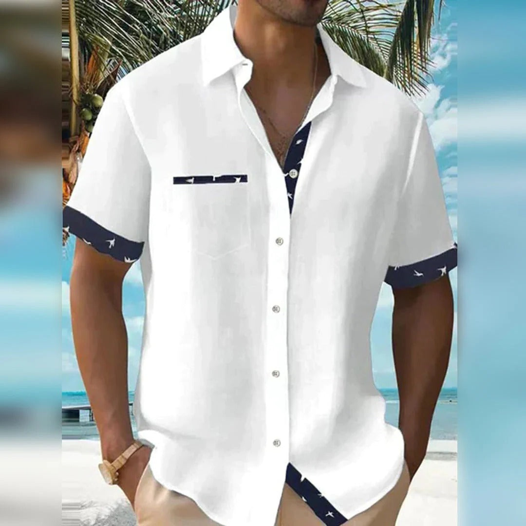 Kurzarm-Herrenhemd in Leinenoptik mit Kontrastbesatz für Sommer, Urlaub und Freizeit – Polyester, Slim Fit, Brusttasche, M bis 3XL, 5 Farben