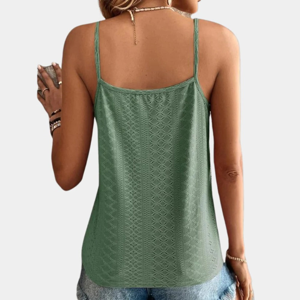 Damen-Top mit V-Ausschnitt, Lochstickerei und Spitzeneinsätzen für warme Sommertage – Polyester, luftig, S bis 2XL, 4 Farben