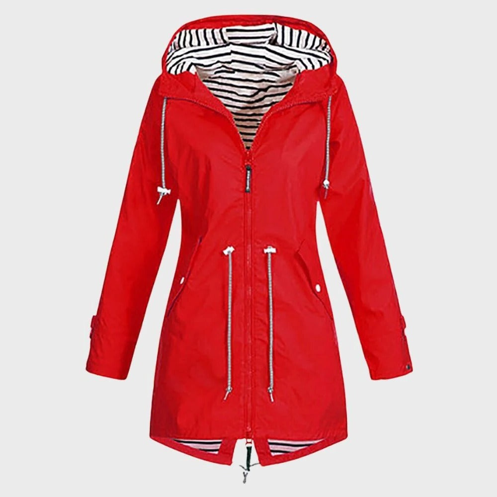 Lange Regenjacke für Damen mit verstellbarer Kapuze für Alltag und Freizeit – wasserdicht, atmungsaktiv, tailliert, S bis 3XL, 6 Farben