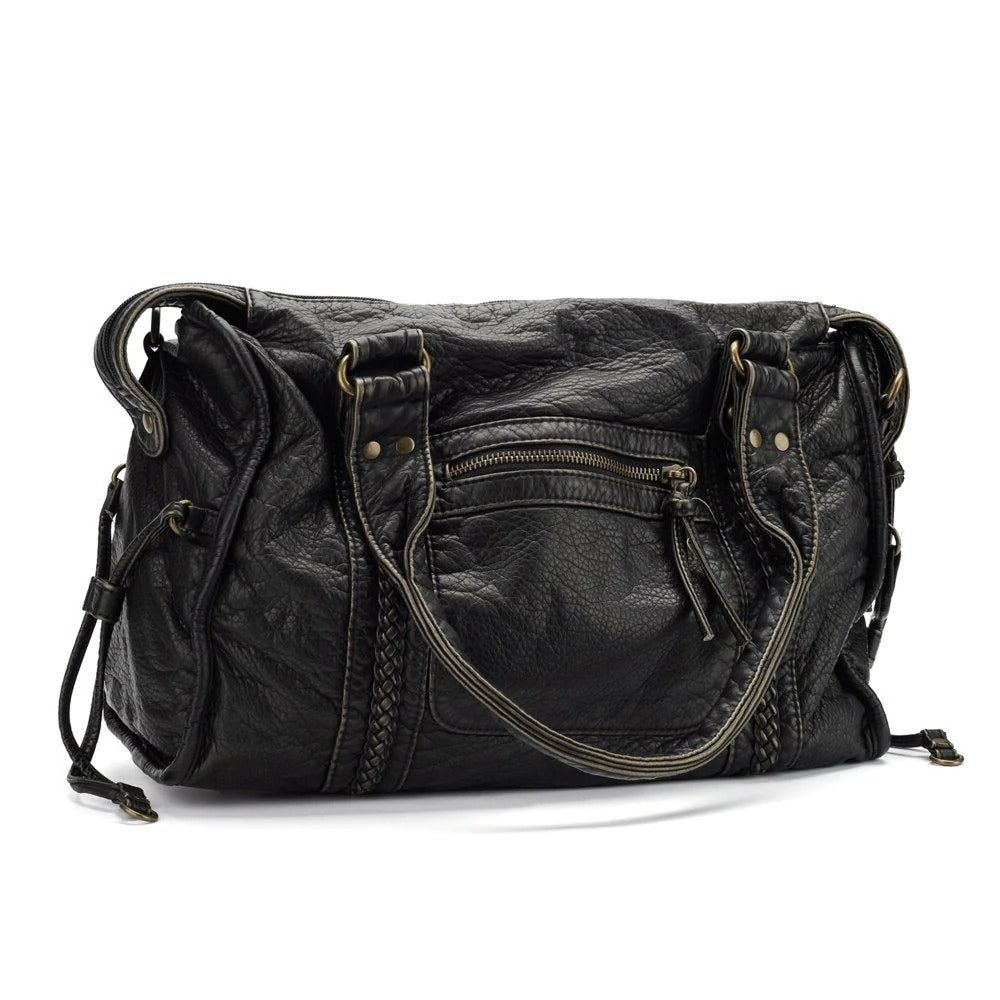 Große schwarze Handtasche aus PU-Leder im Vintage-Stil für Schule, Uni und Arbeit – ca. 38 × 16 × 29 cm, A4, abnehmbarer Schulterriemen