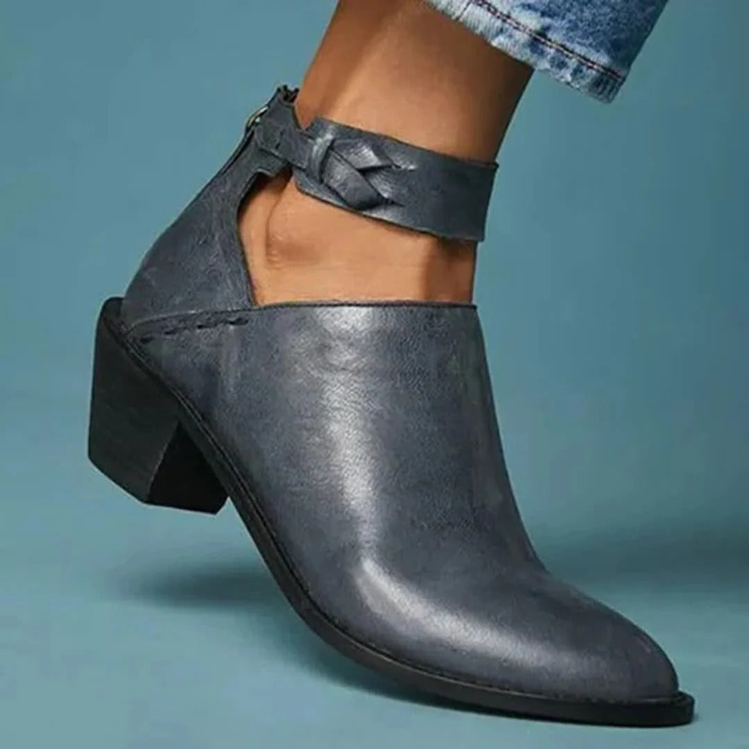 Damen-Stiefeletten aus PU-Leder mit Blockabsatz und Knöchelriemen für Alltag und Feiern – spitze Form, Reißverschluss, Größe 5 bis 12, 3 Farben