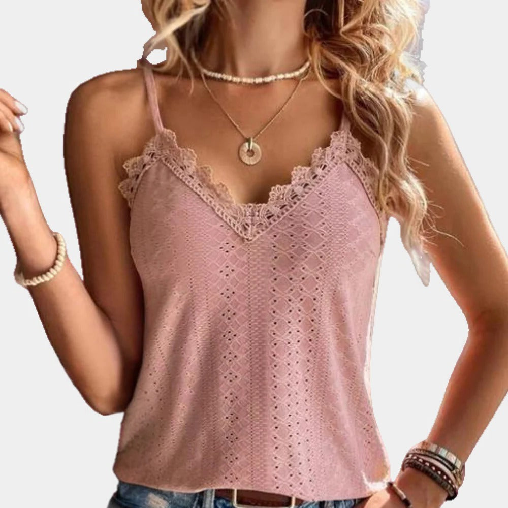 Damen-Top mit V-Ausschnitt, Lochstickerei und Spitzeneinsätzen für warme Sommertage – Polyester, luftig, S bis 2XL, 4 Farben