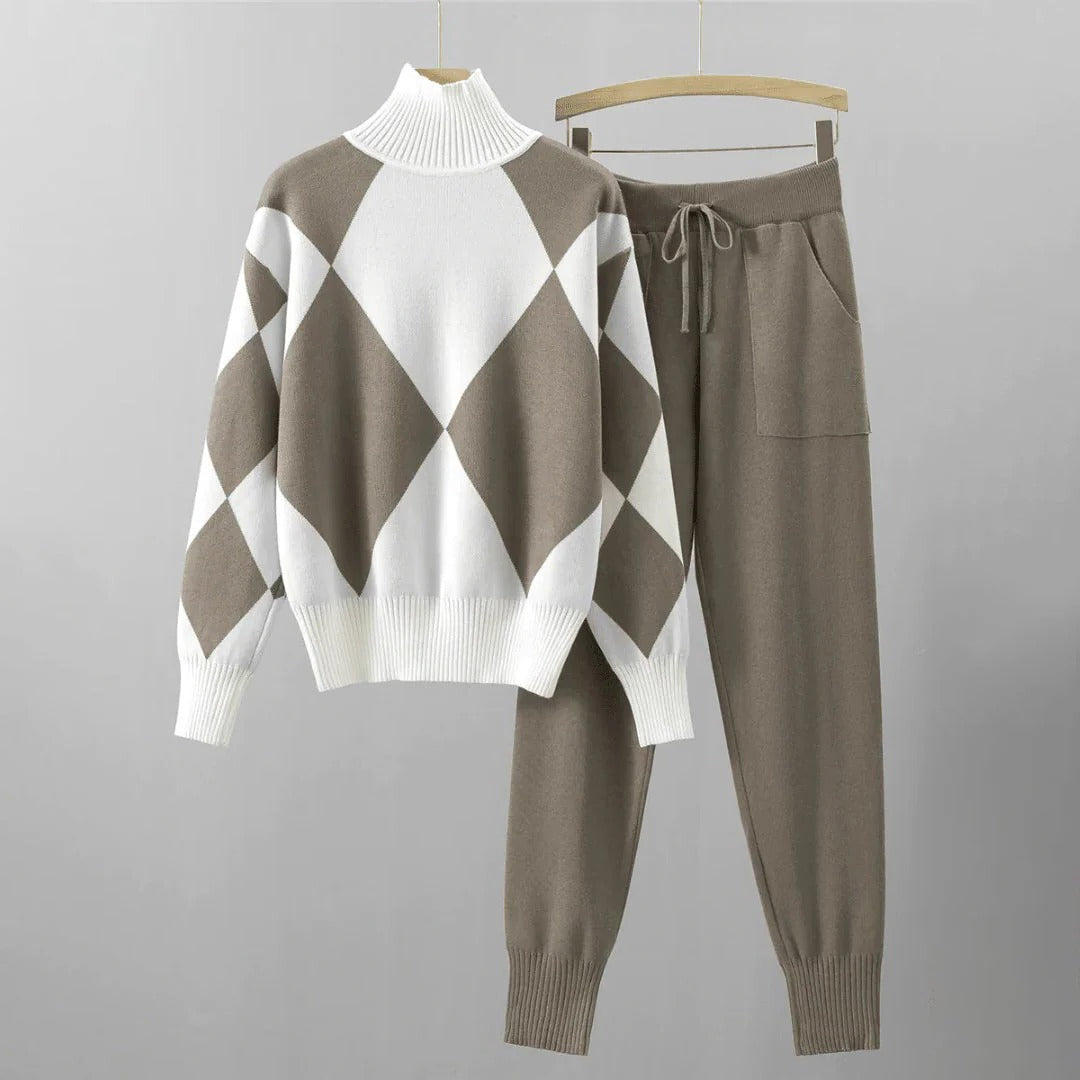 Zweiteiliges Strick-Set für Damen aus Rollkragenpullover mit Rautenmuster und Hose für Zuhause und Freizeit – Tunnelzug, S bis 2XL, 4 Farben