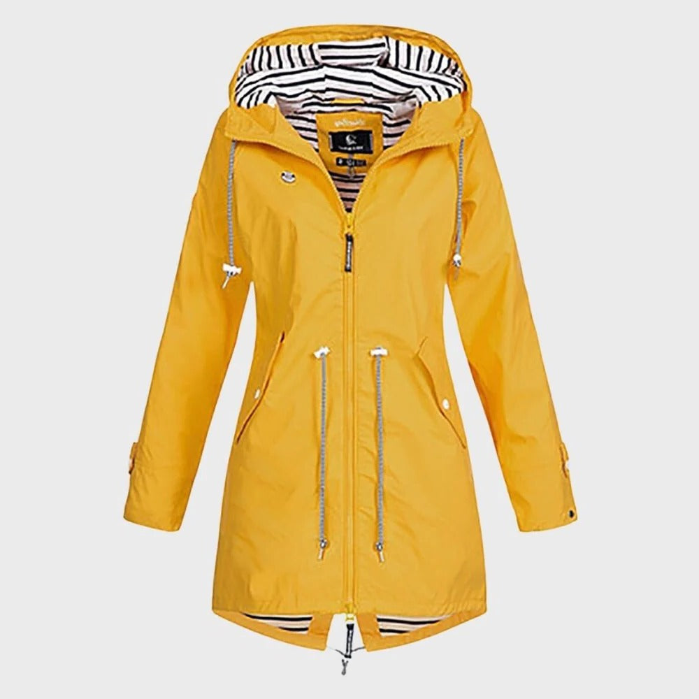 Lange Regenjacke für Damen mit verstellbarer Kapuze für Alltag und Freizeit – wasserdicht, atmungsaktiv, tailliert, S bis 3XL, 6 Farben