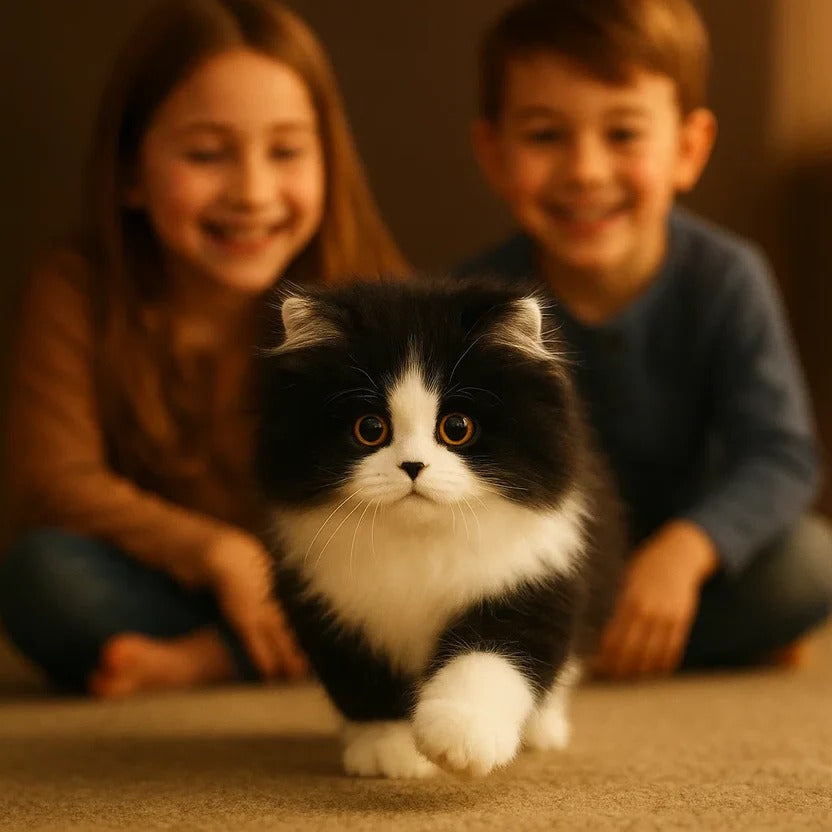 Lebensechte Plüschkatze in Schwarz-Weiß als Deko und Kuscheltier für Wohnzimmer, Sofa und Kinderzimmer – realistische Optik