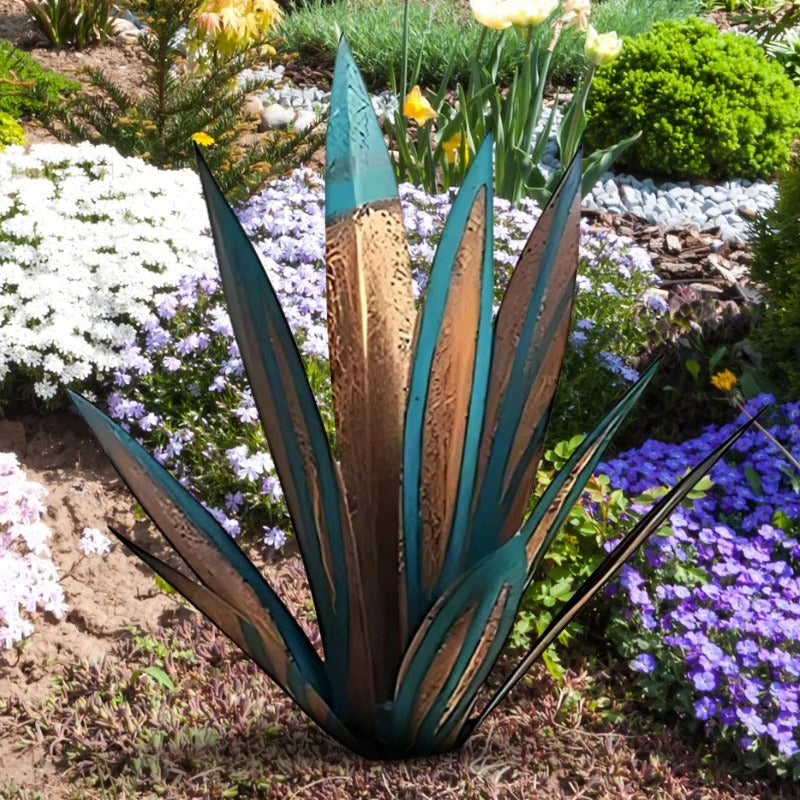 Deko-Agave aus Metall für Garten, Terrasse und Wohnraum – handgefertigt in Rost-Optik mit Farbakzenten, wetterfest beschichtet, 7 Farben