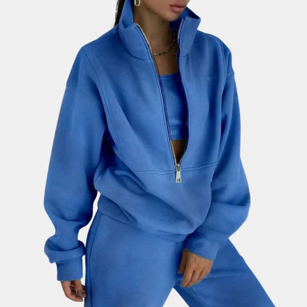 Zweiteiliger Damen-Jogginganzug mit Half-Zip-Oberteil und Jogginghose für Zuhause und Sport – locker, weich, S bis XL, Rosa, Grün oder Blau