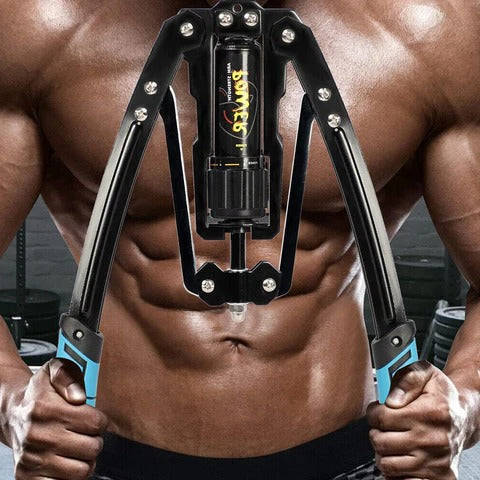 Hydraulischer Brust- und Armtrainer mit einstellbarem Widerstand für das Krafttraining zu Hause – Drehring, Metallrahmen, Schwarz-Blau, ohne Strom