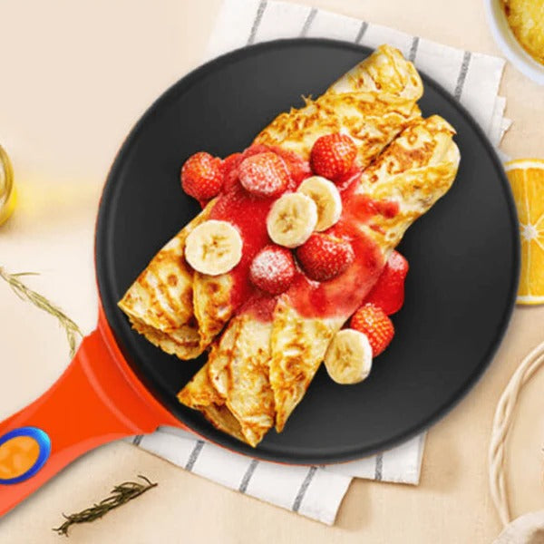 Elektrischer Crêpes-Maker mit Stiel zum Eintauchen in den Teig für dünne Crêpes, Pfannkuchen und Wraps – runde Antihaft-Platte, Orange