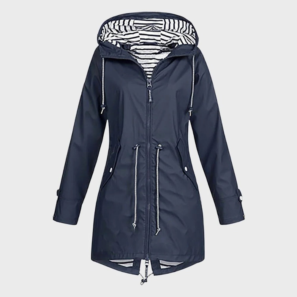 Lange Regenjacke für Damen mit verstellbarer Kapuze für Alltag und Freizeit – wasserdicht, atmungsaktiv, tailliert, S bis 3XL, 6 Farben