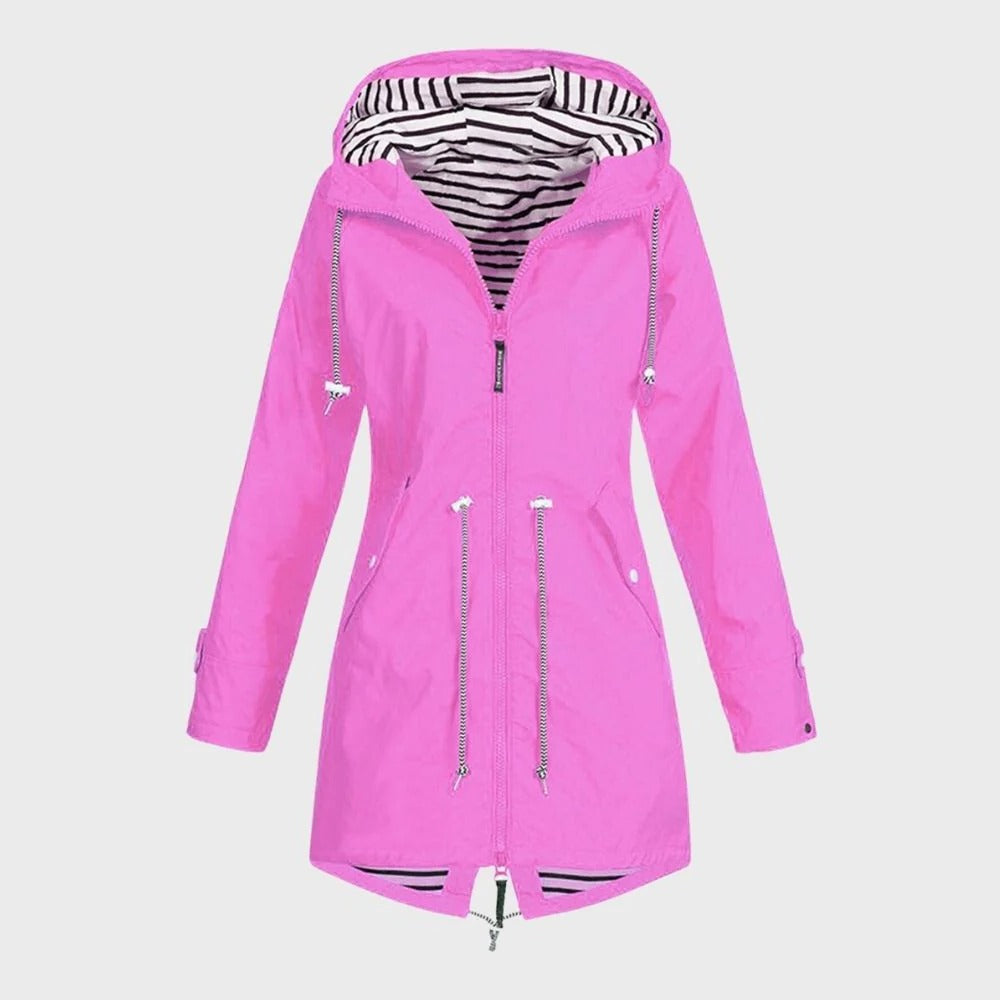 Lange Regenjacke für Damen mit verstellbarer Kapuze für Alltag und Freizeit – wasserdicht, atmungsaktiv, tailliert, S bis 3XL, 6 Farben