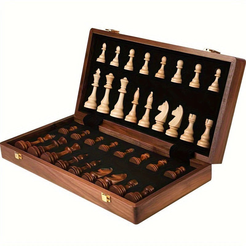 Klappbares Schachspiel aus Holz mit Aufbewahrungsfächern und 34 Figuren inklusive 2 Zusatzdamen für Spielabende – 39 × 39 cm, König 8 cm, Braun