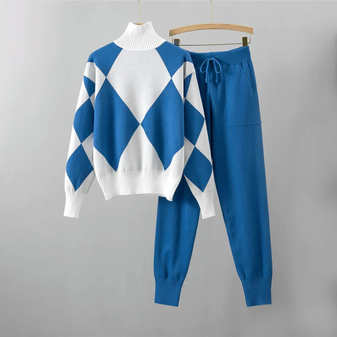 Zweiteiliges Strick-Set für Damen aus Rollkragenpullover mit Rautenmuster und Hose für Zuhause und Freizeit – Tunnelzug, S bis 2XL, 4 Farben