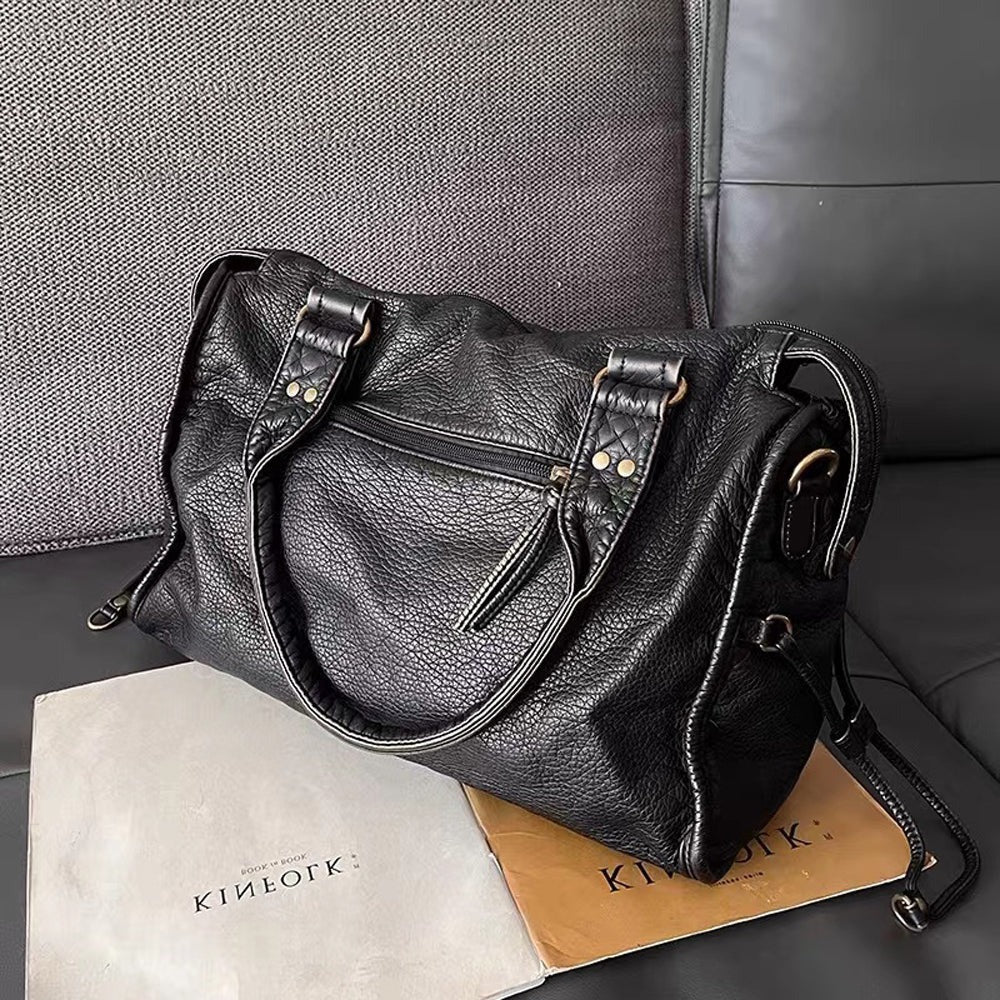 Große schwarze Handtasche aus PU-Leder im Vintage-Stil für Schule, Uni und Arbeit – ca. 38 × 16 × 29 cm, A4, abnehmbarer Schulterriemen