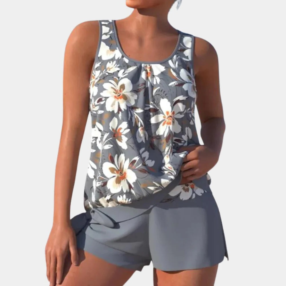 Tankini-Set für Damen aus ärmellosem Top mit Blumenprint und Badeshorts für Strand, Pool und Urlaub – bügellos, Regular Fit, XS bis XL, 4 Farben