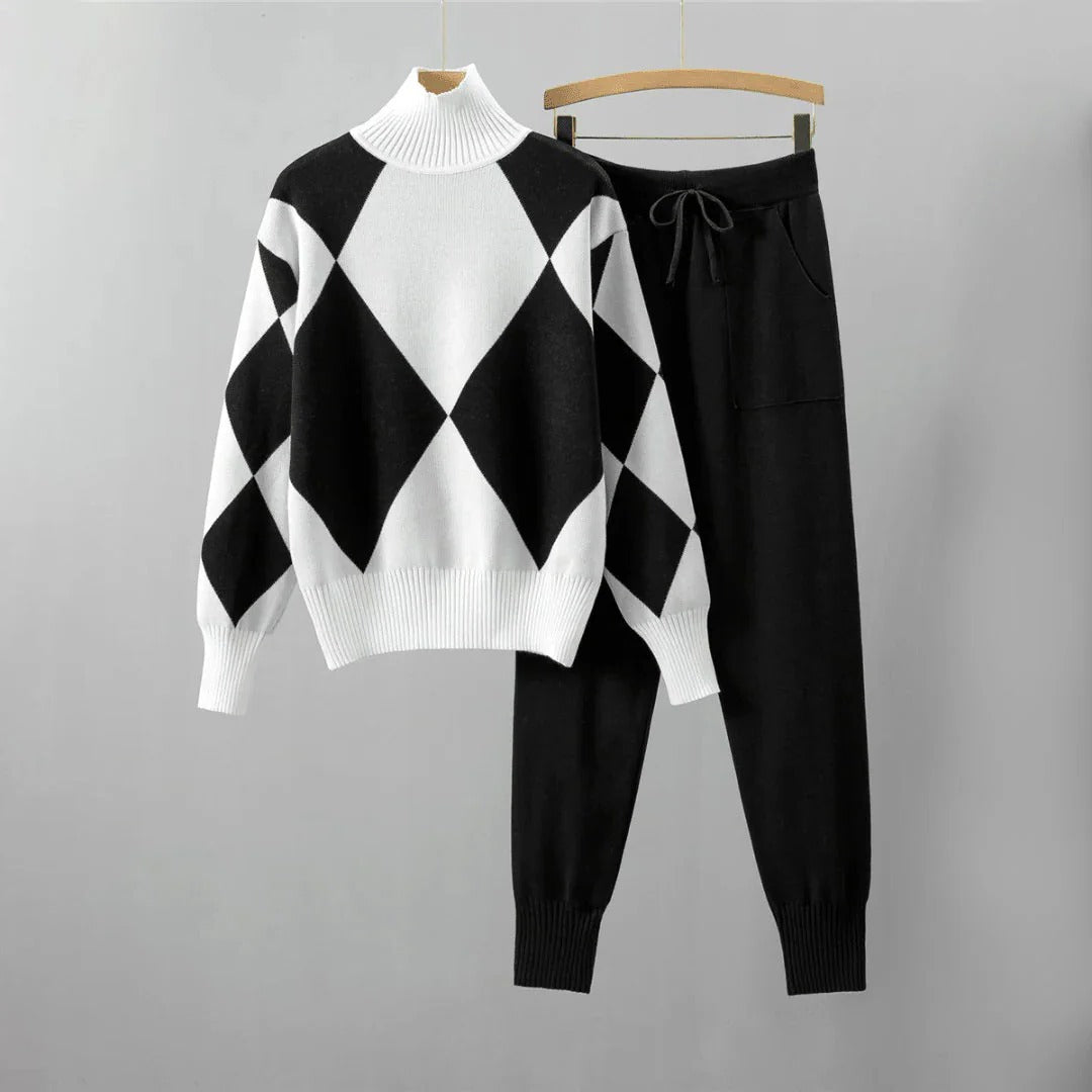 Zweiteiliges Strick-Set für Damen aus Rollkragenpullover mit Rautenmuster und Hose für Zuhause und Freizeit – Tunnelzug, S bis 2XL, 4 Farben