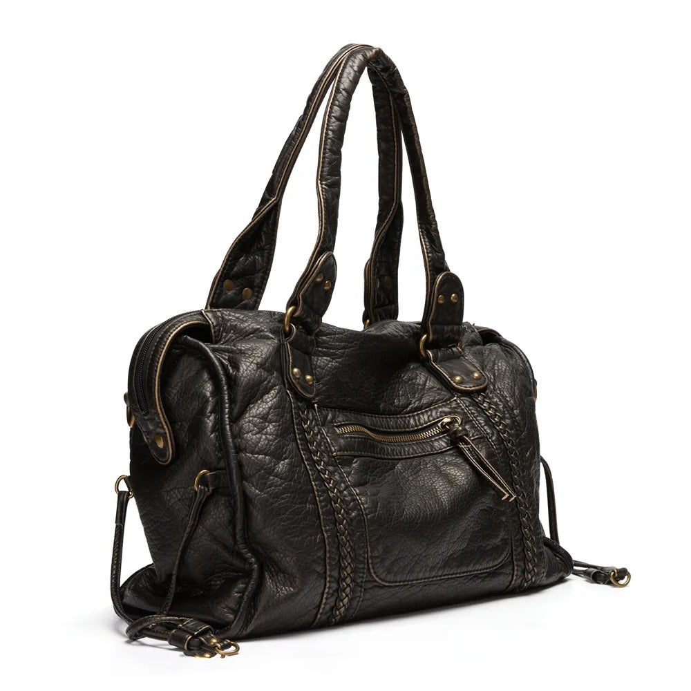 Große schwarze Handtasche aus PU-Leder im Vintage-Stil für Schule, Uni und Arbeit – ca. 38 × 16 × 29 cm, A4, abnehmbarer Schulterriemen