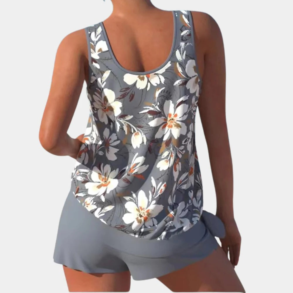 Tankini-Set für Damen aus ärmellosem Top mit Blumenprint und Badeshorts für Strand, Pool und Urlaub – bügellos, Regular Fit, XS bis XL, 4 Farben