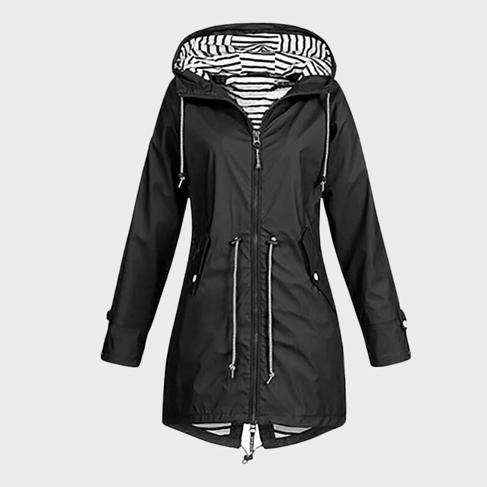 Lange Regenjacke für Damen mit verstellbarer Kapuze für Alltag und Freizeit – wasserdicht, atmungsaktiv, tailliert, S bis 3XL, 6 Farben