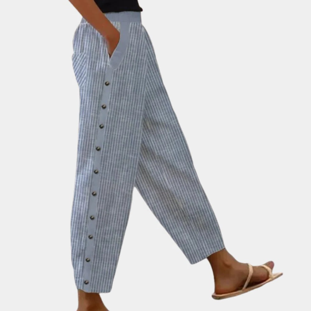 Gestreifte Damenhose mit gerader Passform für Frühjahr, Sommer und Herbst – Baumwoll-Polyester-Mix, Taschen, Knöpfe, XS bis XL, Blau oder Weiß