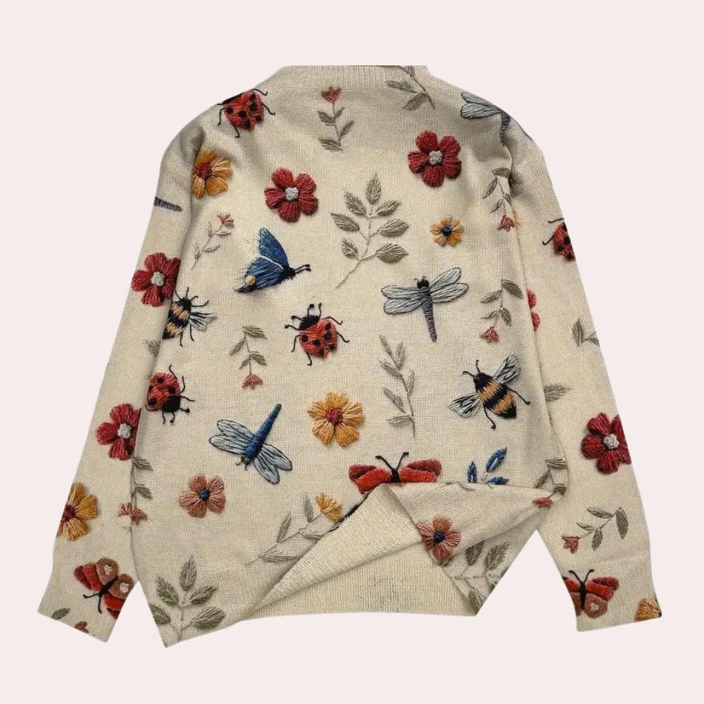 Strickpullover für Damen mit Blumen- und Insektenmotiven für Frühjahr, Herbst und Zuhause – Bienen, Marienkäfer, Libellen, Rundhals, XS bis XL