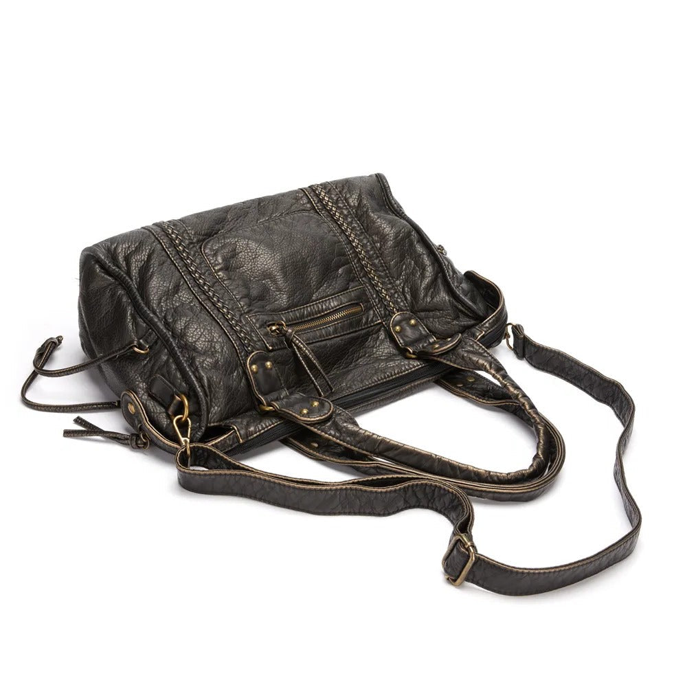 Große schwarze Handtasche aus PU-Leder im Vintage-Stil für Schule, Uni und Arbeit – ca. 38 × 16 × 29 cm, A4, abnehmbarer Schulterriemen