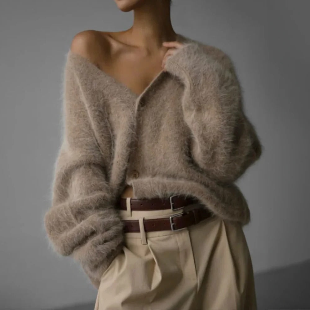 Flauschige Damen-Strickjacke aus 100 % Kaschmir mit V-Ausschnitt und Knopfleiste für kühle Tage – oversized, S bis XL, Beige, Weiß oder Grau