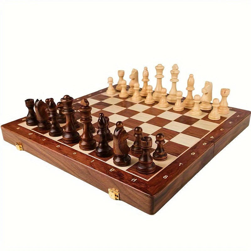 Klappbares Schachspiel aus Holz mit Aufbewahrungsfächern und 34 Figuren inklusive 2 Zusatzdamen für Spielabende – 39 × 39 cm, König 8 cm, Braun