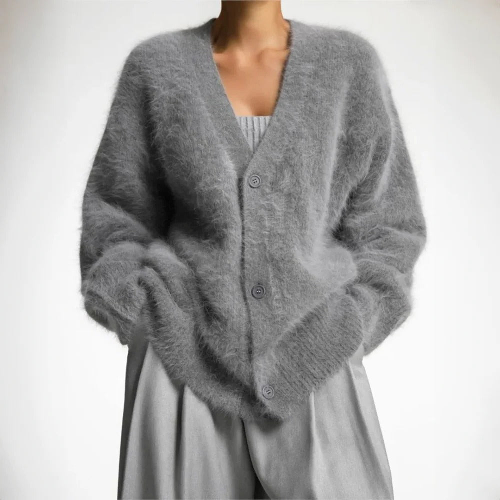 Flauschige Damen-Strickjacke aus 100 % Kaschmir mit V-Ausschnitt und Knopfleiste für kühle Tage – oversized, S bis XL, Beige, Weiß oder Grau