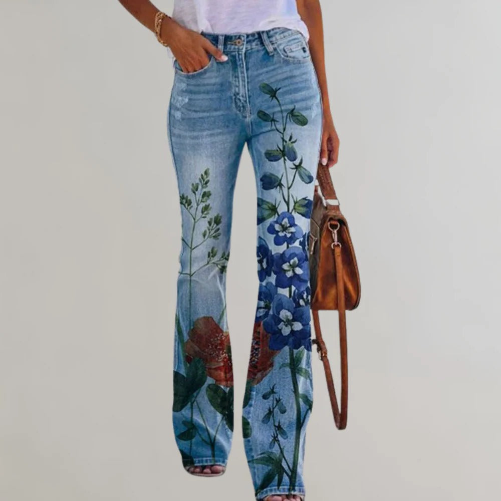Ausgestellte Damenhose in Jeansoptik mit hohem Bund und Blumen- oder Schmetterlingsmotiv – dehnbar, 5 Taschen, Reißverschluss, S bis 3XL, 6 Motive
