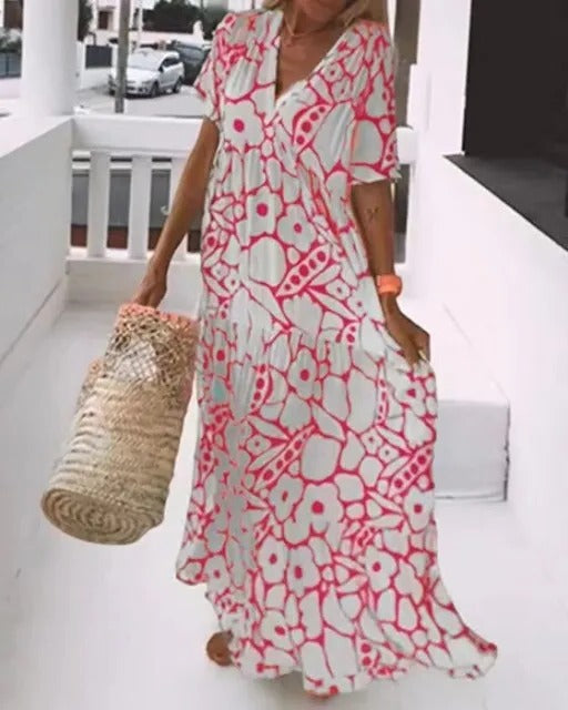 Langes Damenkleid mit kurzen, weiten Ärmeln und Blumenmuster – elegant, bequem, Größen XS bis 3XL, gelb, schwarz, rosa oder grün geblümt