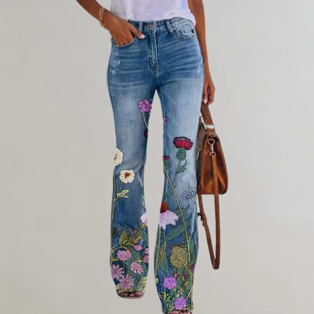 Ausgestellte Damenhose in Jeansoptik mit hohem Bund und Blumen- oder Schmetterlingsmotiv – dehnbar, 5 Taschen, Reißverschluss, S bis 3XL, 6 Motive