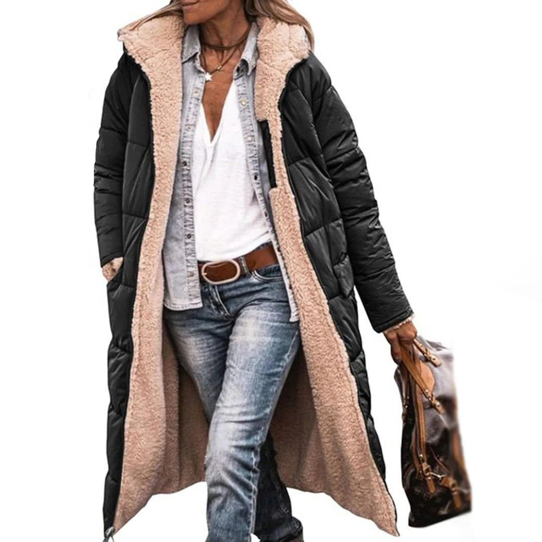 Langer Stepp-Wintermantel für Damen mit Teddyfutter und Kapuze für Arbeit, Alltag und Abend – wärmend, S bis 3XL, 6 Farben von Schwarz bis Weinrot